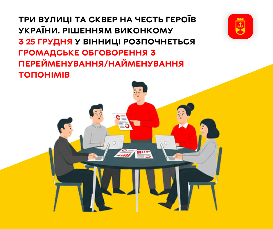 Три вулиці та сквер на честь Героїв України. Рішенням виконкому з 25 грудня у Вінниці розпочнеться громадське обговорення з перейменування/найменування топонімів
